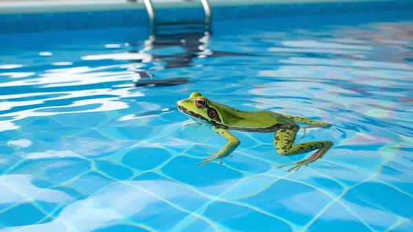A green frog swims in a blue-tiled pool, a common problem for homeowners seeking to get rid of frogs in their swimming pool.