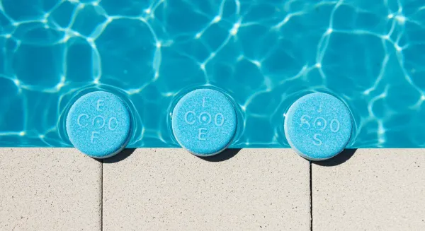 Visually appealing overhead shot of three large 3-inch pool chlorine tablets (Trichlor pucks) sitting in the water at the edge of a clean, blue pool.