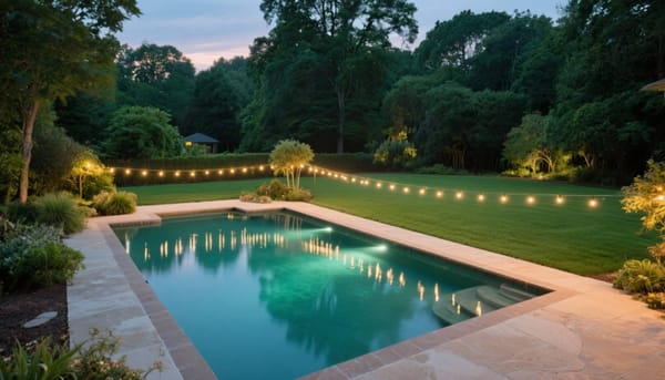 A clear, sparkling backyard swimming pool at twilight with string lights reflecting on the balanced water.