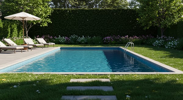 An elegant swimming pool surrounded by manicured green lawn, lounge chairs, umbrella, and stepping stones, creating a serene backyard oasis.
