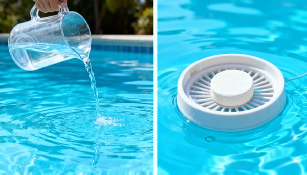 On the left side, a clear jug of liquid chlorine is being poured into pristine pool water. On the right side, a chlorine tablet is shown inside a floating dispenser in the same clear water.