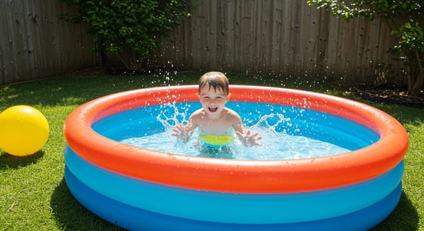 A vibrant inflatable pool with a boy splashing, summer toys floating, subtle fence edge visible, sunny backyard