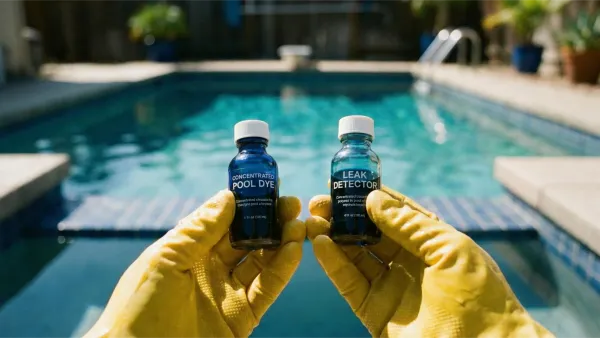 Gloved hands holding bottles of concentrated professional pool leak dye and leak detector solution.