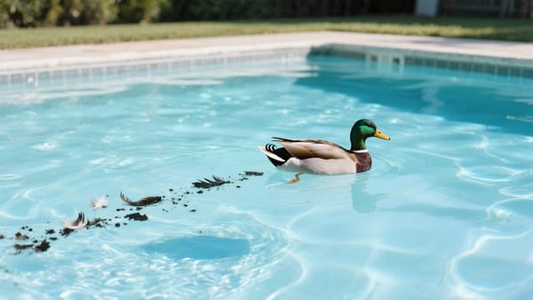A duck is floating on a sparkling, clean residential swimming pool, leaving a trail of visible feathers and dark debris/droppings in its wake.