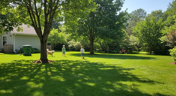 Children and a dog playing safely on a lush, green, chemical-free lawn under sunny skies.