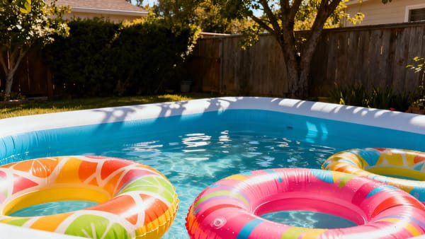 A brightly colored inflatable pool in a sunny backyard, vibrant patterned floaties, playful shadows