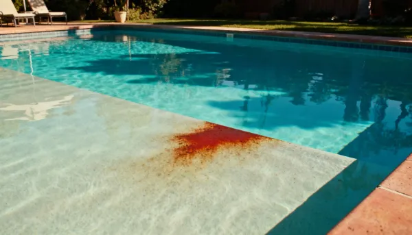 A luxurious pool with a large, reddish-brown rust stain showing how to remove pool stains without draining.