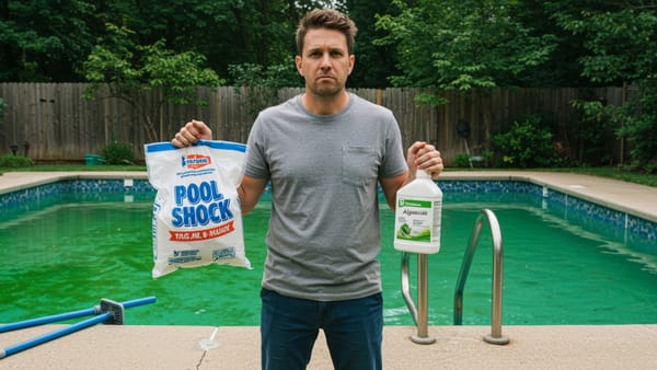A confused homeowner holding a bag of pool shock and a bottle of algaecide in front of a green swimming pool.