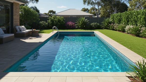 Crystal-clear backyard pool sparkling under hot Australian summer sun
