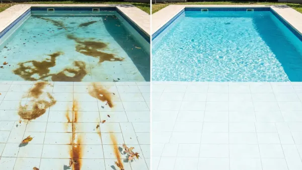 Comparison of a pool with rust and organic stains alongside a perfectly clean pool.