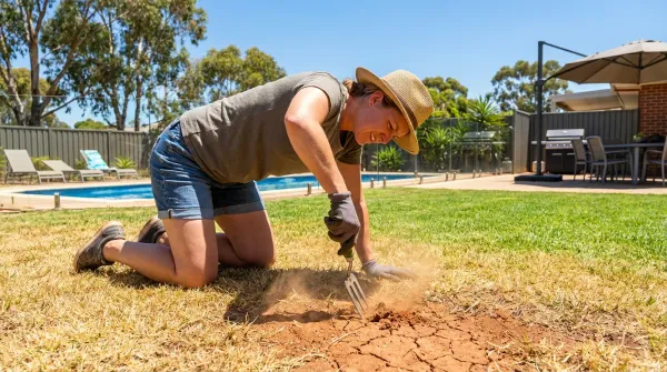 Homeowner struggling to dig into hard compacted soil in a sunny backyard garden.