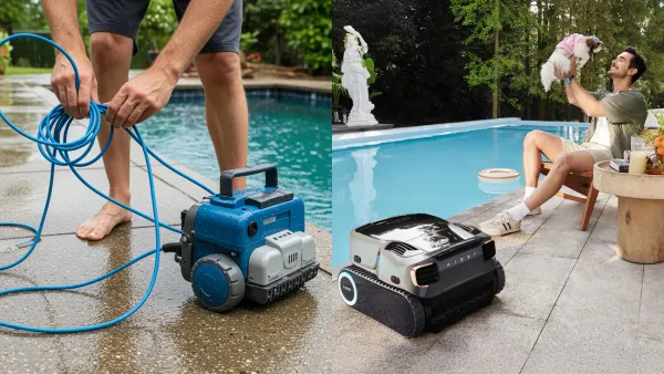 A split-screen comparison showing the hassle of untangling a corded pool cleaner cable versus the relaxing freedom of a cordless model.