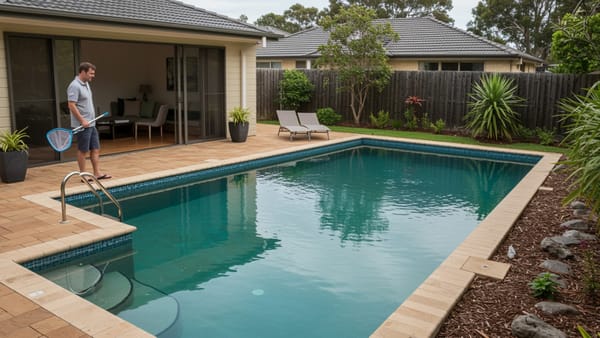 Homeowner inspecting slightly cloudy pool water caused by high phosphate levels in a backyard.