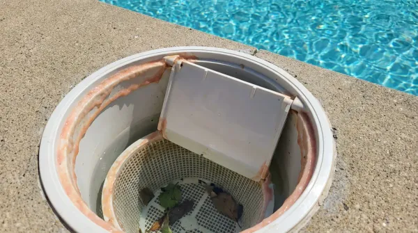 Pinkish orange slime Serratia marcescens bacteria coating a white pool skimmer weir.
