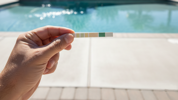 A pool test strip showing low chlorine levels against a hazy swimming pool background to illustrate chlorine lock.