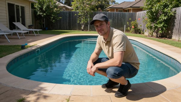 The pool owner squatted in front of the pool, wanting to share water-saving tips.