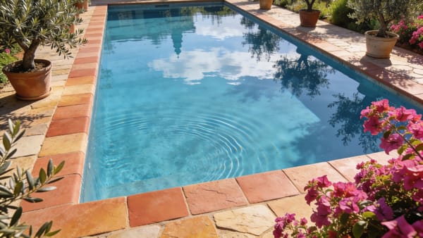 una piscina de estilo iberico esta puesta a punto