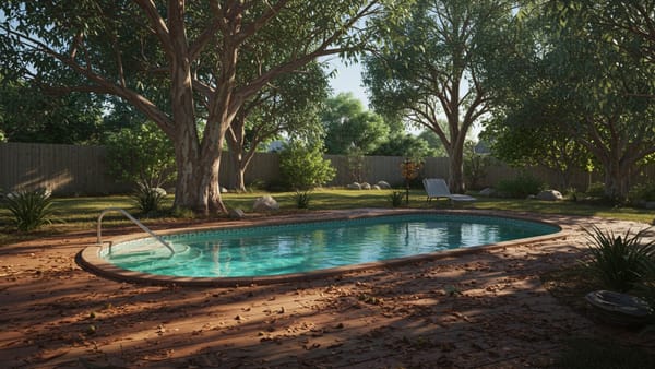 Australian backyard swimming pool with overhanging gum tree dropping gumnuts and leaves into the water.