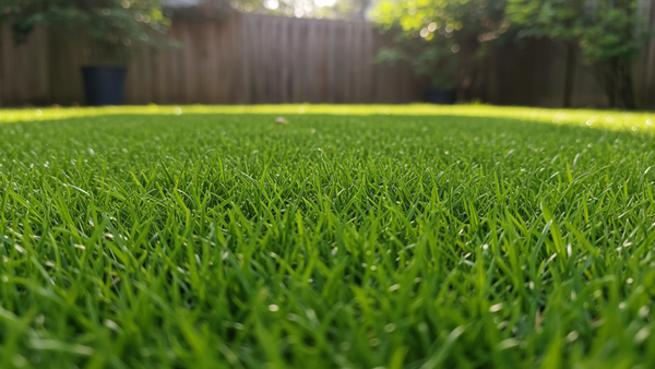 A lush green lawn maintained at the best mowing height for summer to withstand heat stress.