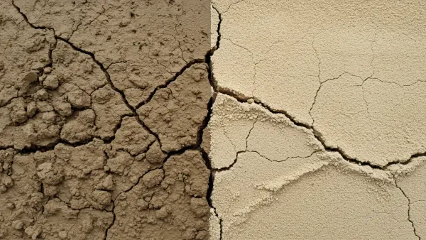 Two garden trowels digging into dense clay soil and loose sandy soil side by side.