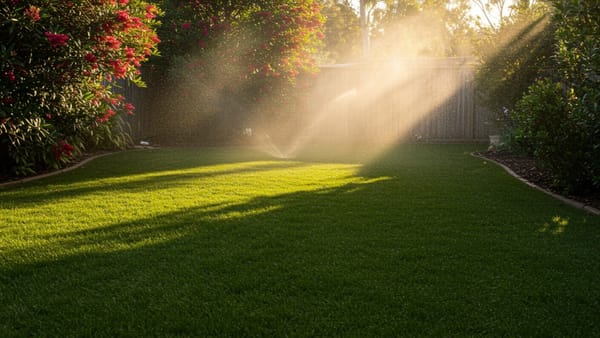 A lush green Australian backyard being watered by a pop-up sprinkler in the early morning sunlight.