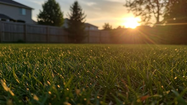 Sun shining on a residential lawn showing signs of yellowing and heat stress during summer.