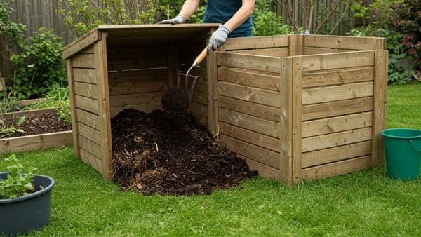 A gardener tending to a healthy compost pile in a sunny backyard to create nutrient-rich soil.