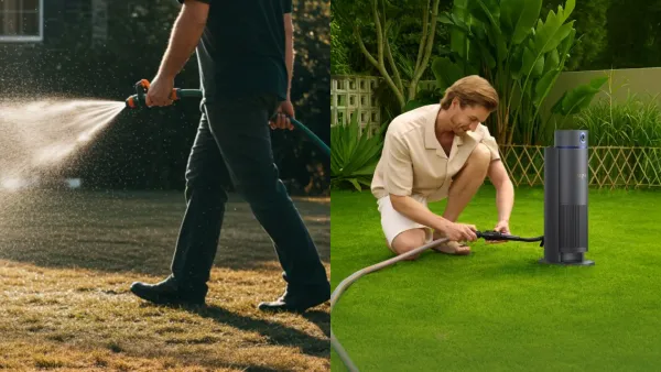 Manual hose watering vs smart irrigation system keeping an Australian lawn green in summer heat.