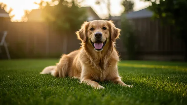 A happy Golden Retriever lying on a lush green lawn maintained with pet safe lawn care practices.