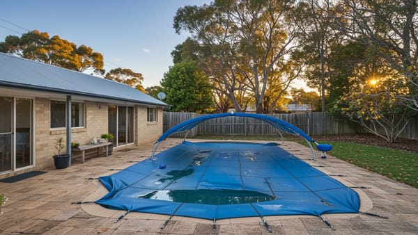 A residential swimming pool in an Australian backyard partially covered with a blue solar blanket for winter protection.