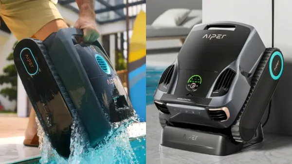 Aiper Scuba V3 and Scuba X1 Pro Max robotic pool cleaners beside a backyard swimming pool during a product comparison.