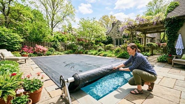 A homeowner rolls back a winter cover to start the step-by-step pool opening process on a sunny spring day.