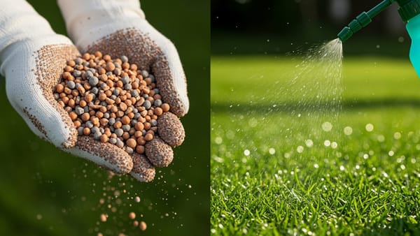 A side-by-side comparison of granular fertilizer pellets in a hand and liquid fertilizer being sprayed on green grass.
