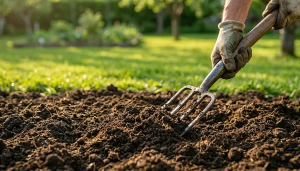 Gardener effortlessly penetrating loose, healthy soil with a fork to fix compaction.
