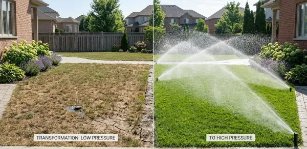 Comparison of a dry brown lawn with weak sprinkler spray versus a lush green lawn with strong water pressure.