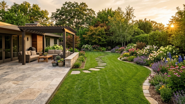 A beautifully balanced backyard featuring a modern stone patio blending seamlessly into a lush green lawn.