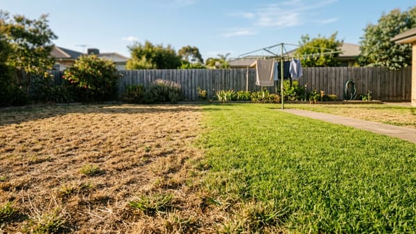 A split view of a residential backyard showing a patchy brown lawn transitioning into healthy green grass after being revived