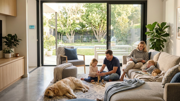 A family relaxing safely in a modern connected home with a view of a sunny backyard.