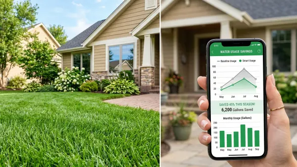A healthy green lawn and a smartphone displaying water savings data to illustrate smart irrigation benefits.