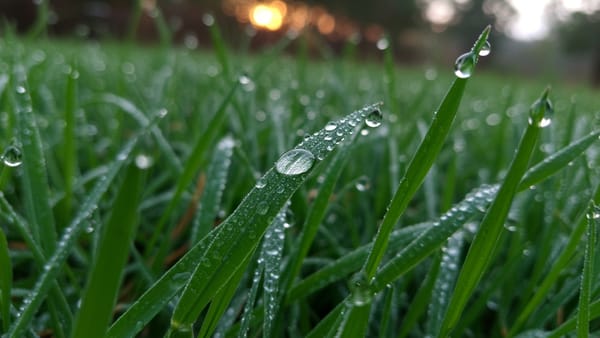 A close up view of wet grass blades covered in morning dew highlights why you cannot spray weed killer on wet grass.
