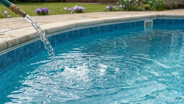 Well water filling a pool, with water flowing into the swimming pool.